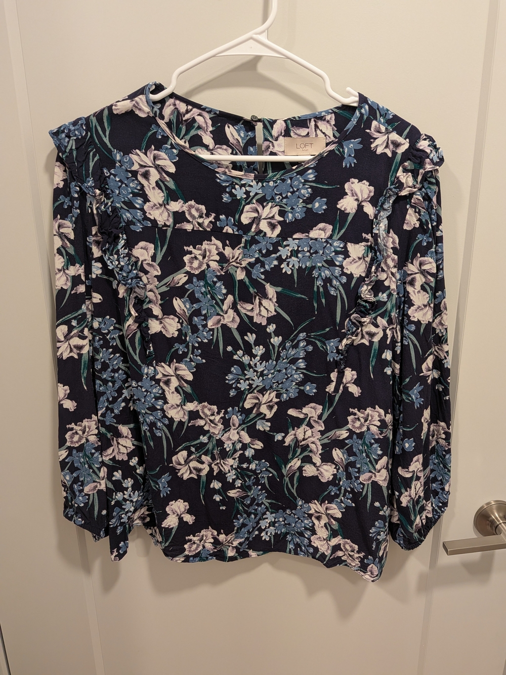 LOFT Navy Floral Ruffle-Sleeve Blouse